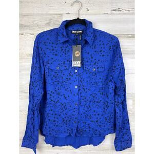 DKNY Women’s XS Blue Black Spotted Button Up Long Sleeve Blouse Top NWT
